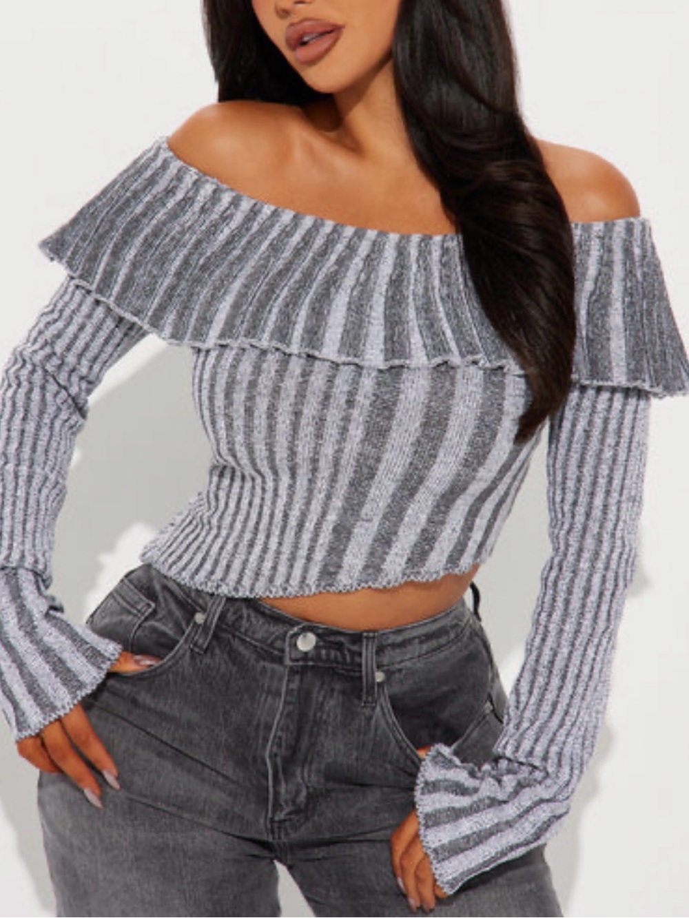 Fashion Nova Striped knit Off-the -Shoulder Ruffle Sweater